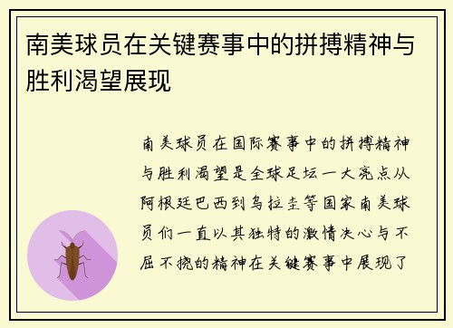 南美球员在关键赛事中的拼搏精神与胜利渴望展现