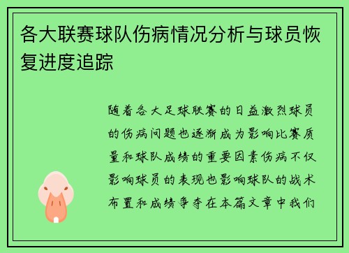 各大联赛球队伤病情况分析与球员恢复进度追踪