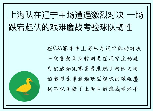 上海队在辽宁主场遭遇激烈对决 一场跌宕起伏的艰难鏖战考验球队韧性