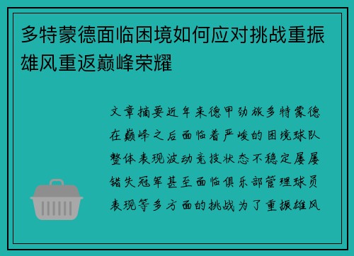 多特蒙德面临困境如何应对挑战重振雄风重返巅峰荣耀