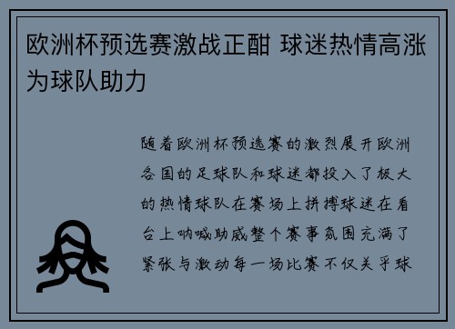 欧洲杯预选赛激战正酣 球迷热情高涨为球队助力