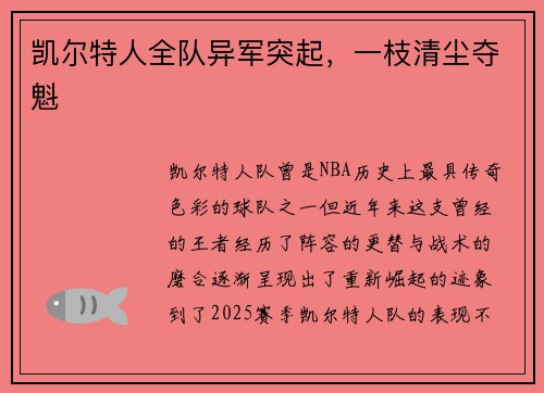 凯尔特人全队异军突起，一枝清尘夺魁