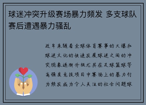球迷冲突升级赛场暴力频发 多支球队赛后遭遇暴力骚乱